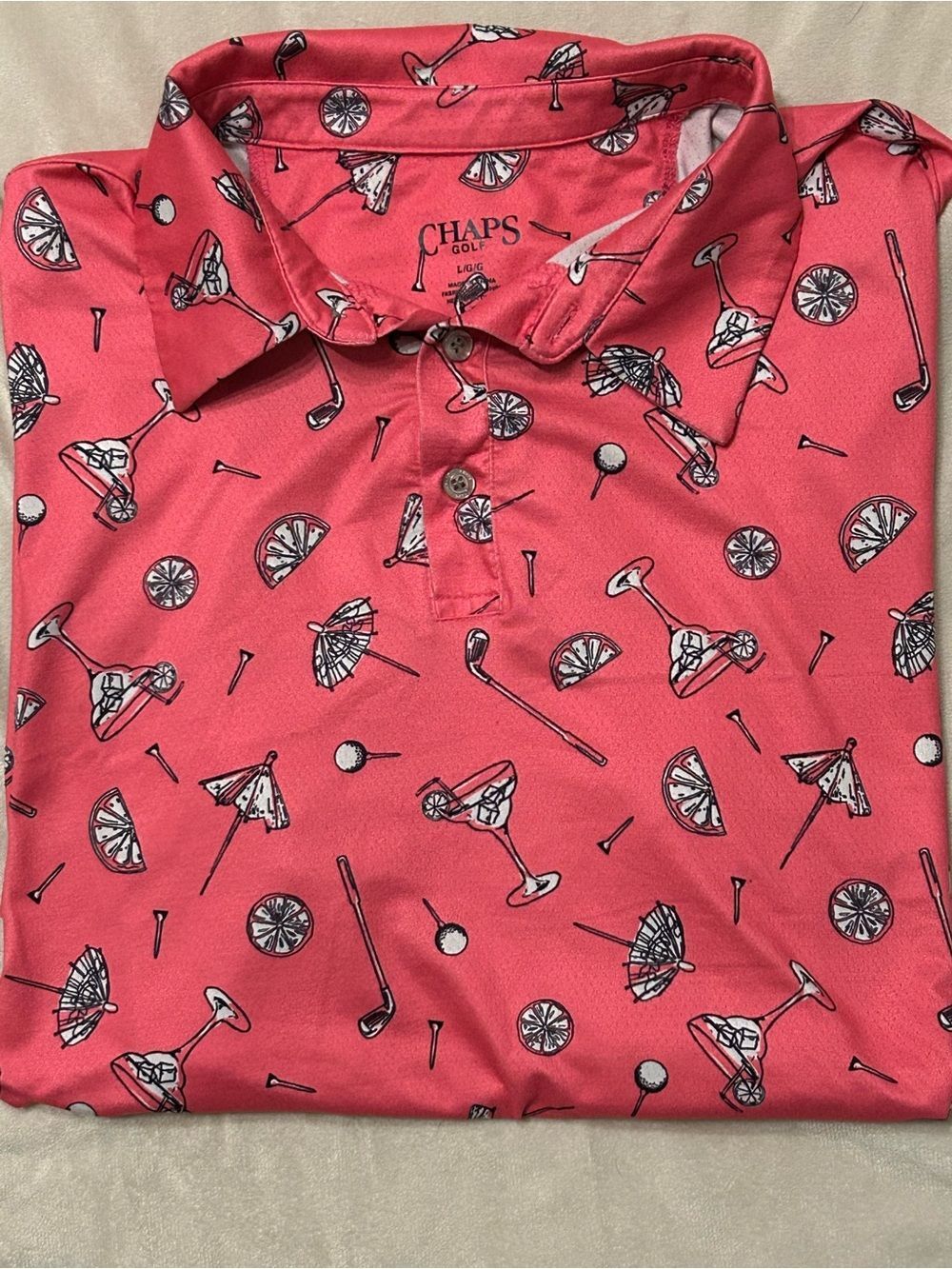 Chaps Golf Polo Shirt Mens L Pink Cocktail Drink Novelty Performance Poly Blend